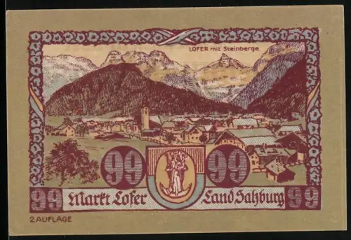 Notgeld Lofer /Salzburg 1921, 99 Heller, Ortsansicht, Lofer mit Steinberge und Wappen