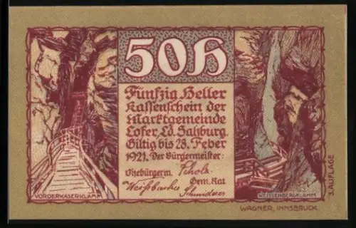 Notgeld Lofer /Salzburg 1921, 50 Heller, Vorderkaserklamm und Schmidt-Zabierow-Hütte