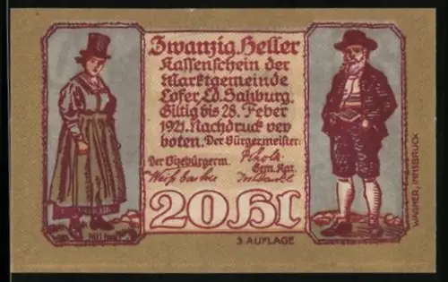 Notgeld Lofer /Salzburg, 20 Heller, Frau und Mann in traditioneller Kleidung und Strassenszene in Lofer