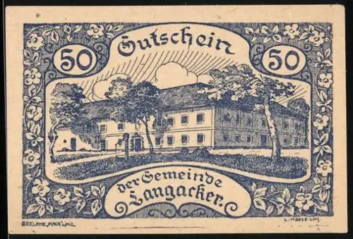 Notgeld Langacker bei Perg 1920, 50, Gebäude mit Bäumen und dekorativem Blumenmuster