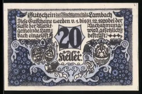 Notgeld Lambach 1920, 20 Heller, Wappen und Gebäudeansicht