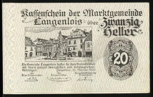 Notgeld Langenlois 1920, 20 Heller, Marktplatzansicht mit Gebäuden und Brunnen