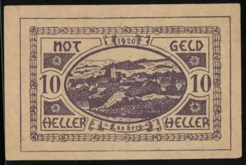 Notgeld Lasberg 1920, 10 Heller, Ortsansicht mit Landschaft und Ort im Hintergrund
