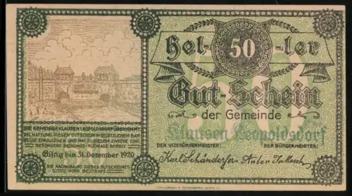 Notgeld Klausen Leopoldsdorf 1920, 50 Heller, Schlossansicht und dekoratives Muster