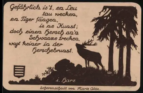 Notgeld Nöschenrode 1921, 75 Pfennig, Hirsch im Wald mit Gedicht und Wappen
