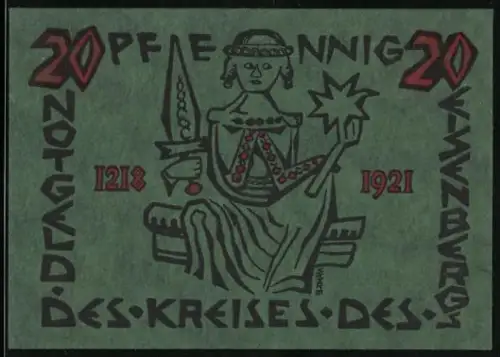 Notgeld Corbach 1921, 20 Pfennig, Turm Corbach, Herrscher mit Schwert