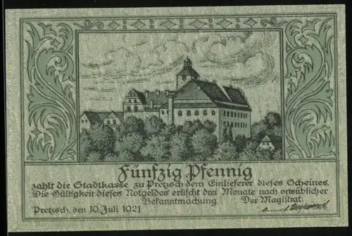 Notgeld Pretzsch a. Elbe 1921, 50 Pfennig, Schloss und Wappen mit Eichenblättern und Eicheln