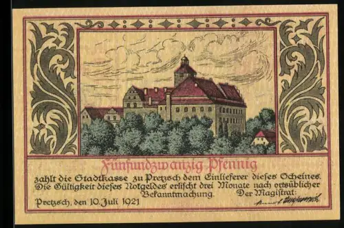 Notgeld Pretzsch a. Elbe 1921, 25 Pfennig, Schlossansicht und Eichenlaub-Wappen