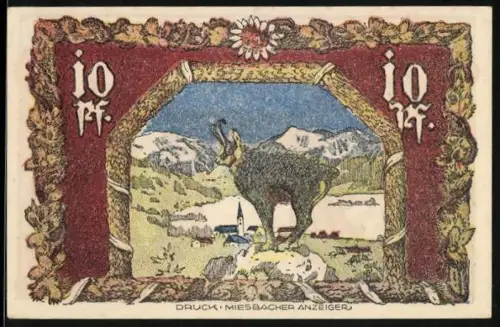 Notgeld Schliersee 1921, 10 Pfennig, Gemse in Berglandschaft und Stadtwappen