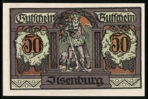 Notgeld Ilsenburg 1921, 50 Pfennig, Waldarbeiter und Burg mit Wappen und Bäumen