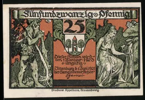 Notgeld Ilsenburg a. Harz 1921, 25 Pfennig, Waldlandschaft und Hexenmotiv mit Eule und Feuer