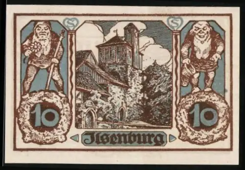 Notgeld Ilsenburg im Harz, 10 Pfennig, Burgansicht mit zwei Figuren