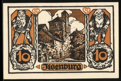 Notgeld Ilsenburg im Harz 1921, 10 Pfennig, Zwerge und Burgansicht
