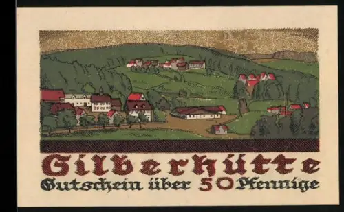 Notgeld Silberhütte 1921, 50 Pfennig, Landschaftsansicht und Wahlspruch Glück auf