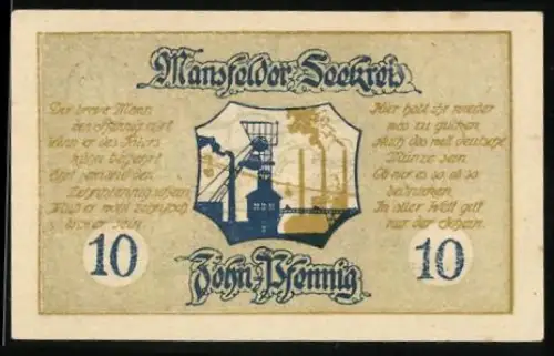 Notgeld Mansfeld 1920, 10 Pfennig, Bergbau- und Industrie-Motiv mit Wappen