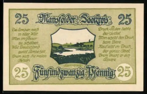Notgeld Mansfeld 1920, 25 Pfennig, Landschaftsmotiv mit Kerrnersee