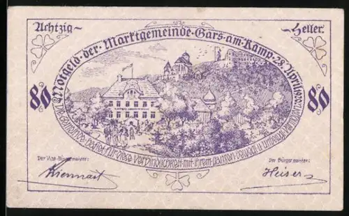 Notgeld Gars am Kamp 1920, 80 Heller, Landschaft mit Gebäuden und Ruine Gars