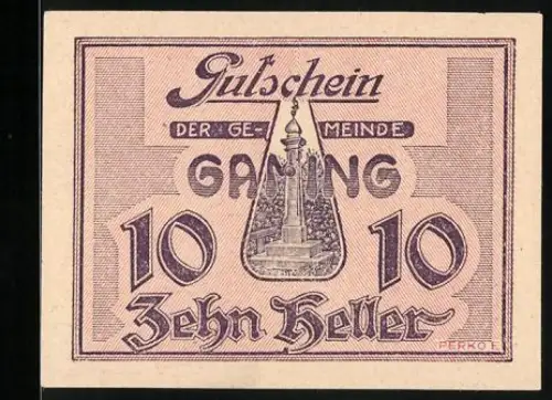 Notgeld Gaming 1920, 10 Heller, Obelisk-Motiv