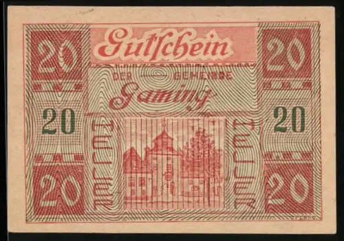 Notgeld Gaming 1920, 20 Heller, Gebäude und Verzierungen