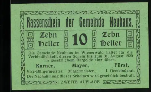 Notgeld Neuhaus 1920, 10 Heller, grünes Design mit Zierrahmen und Schriftzug
