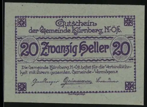 Notgeld Kürnberg /N.-Öst. 1920, 20 Heller, Ortsansicht vom Feld aus