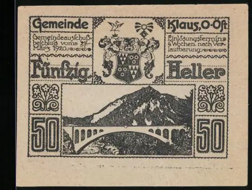 Notgeld Klaus /O.-Öst. 1920, 50 Heller, Gebirgslandschaft mit Brücke und Schlossansicht mit Blumenornamenten