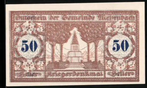 Notgeld Mehrnbach 1920, 50 Heller, Kriegerdenkmal und Wappen