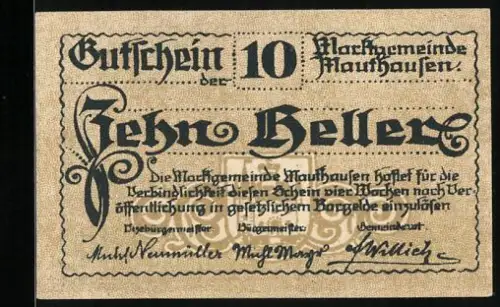 Notgeld Mauthausen, 10 Heller, Ortsansicht 1649 mit umliegender Landschaft