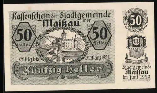Notgeld Maissau /Niederösterreich 1920, 50 Heller, Stadtansicht mit Schloss Maissau