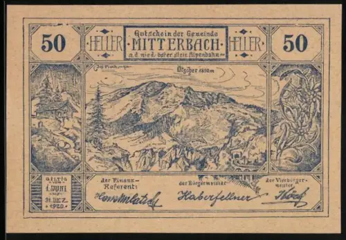 Notgeld Mitterbach a. d. nieder-öster.-steir. Alpenbahn 1920, 50 Heller, Landschaft mit Ötscher-Gipfel, Eisenbahntunnel