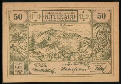 Notgeld Mitterbach a. d. nieder-öster.-steir. Alpenbahn 1920, 50 Heller, Ötscher Gebirge Tunnel der steir. Alpenbahn