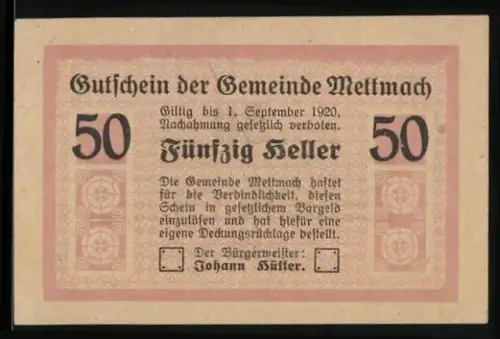 Notgeld Mettmach 1920, 50 Heller, Textgestaltung mit floralen Mustern