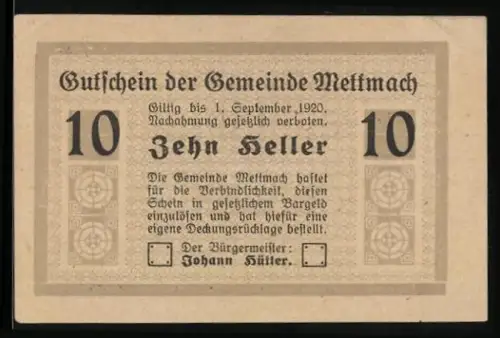 Notgeld Mettmach 1920, 10 Heller, Text mit dekorativen Elementen