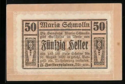 Notgeld Maria Schmolln 1920, 50 Heller, Textumrandung mit Ornamenten