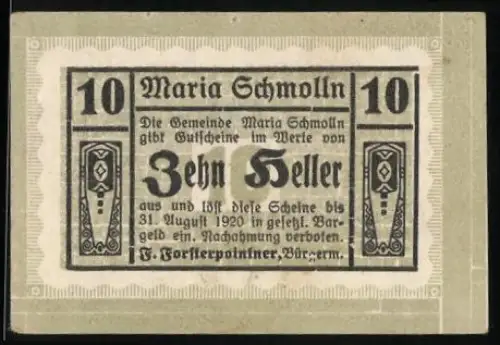 Notgeld Maria Schmolln 1920, 10 Heller, Text mit geometrischen Verzierungen