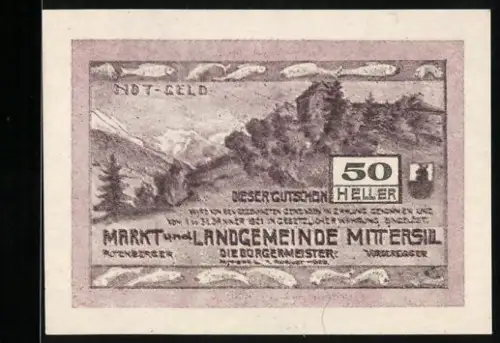 Notgeld Mittersill, 50 Heller, Landschaft mit Burg und Bergen