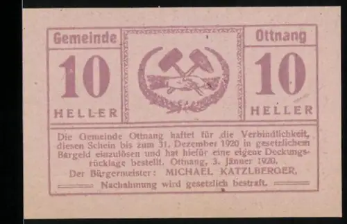Notgeld Ottnang 1920, 10 Heller, Schlägel und Eisen im Kranz