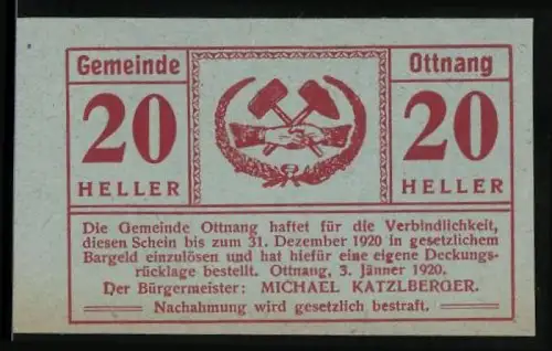 Notgeld Ottnang 1920, 20 Heller, Schlägel und Eisen im Kranz