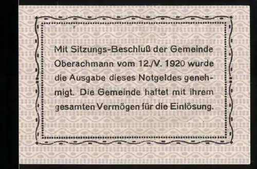 Notgeld Oberachmann 1920, 50 Heller, Industrielandschaft und Bauer bei der Aussaat
