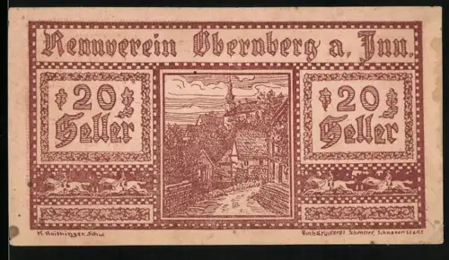 Notgeld Obernberg a. Inn 1920, 20 Heller, Dorflandschaft und Pferdegespann