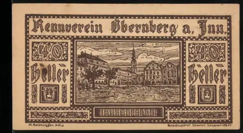 Notgeld Obernberg a. Inn 1920, 40 Heller, Ortsansicht und Pferderennen-Szene
