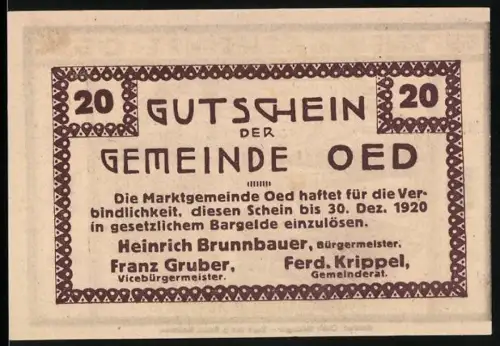 Notgeld Oed 1920, 20 Heller, Bauer bei der Aussaat