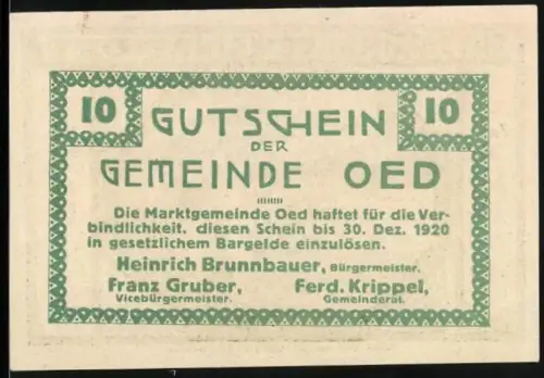 Notgeld Oed 1920, 10 Heller, Bauer im Feld mit Sonnenaufgang