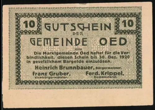 Notgeld Oed 1920, 10 Heller, Bauer bei Sonnenaufgang und Ornamente