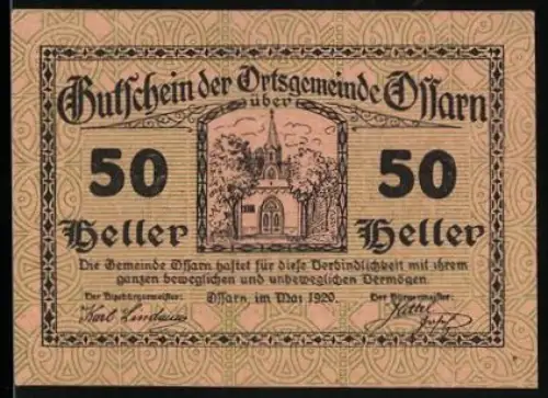 Notgeld Ossarn 1920, 50 Heller, Kirche und Landschaftsmotiv