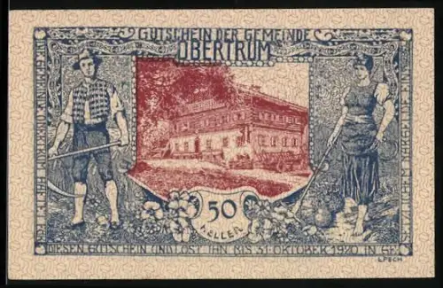 Notgeld Obertrum 1920, 50 Heller, Bauernpaar mit Sensen und Gebäude, Ruinenlandschaft