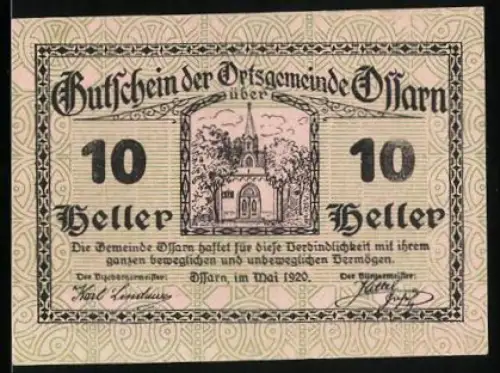 Notgeld Ossarn 1920, 10 Heller, Frontalansicht der Kirche