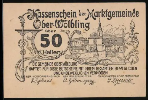 Notgeld Ober-Wölbling 1920, 50 Heller, Ortsansicht mit Kirche und Gebäuden