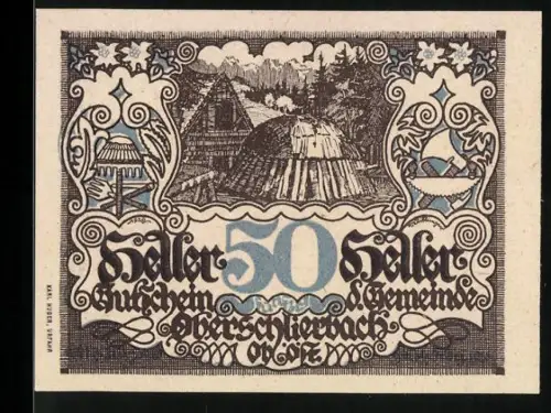 Notgeld Oberschlierbach /Ob.-Öst., 50 Heller, Landschaft mit Hütten und Bäumen, dekoratives Muster