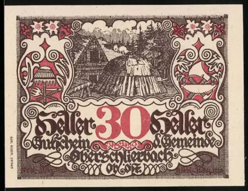 Notgeld Oberschlierbach /Ob.-Öst., 30 Heller, Landschaft mit traditionellen Gebäuden und Ornamente